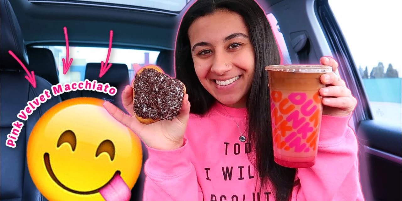 Trying Dunkin Donuts NEW Pink Velvet Macchiato & Brownie Batter Donut | Valentine…