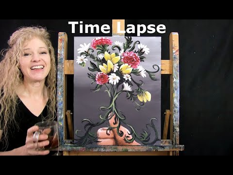 TIME LAPSE – Learn How to Paint GREEN THUMB with Acrylic – Fun Still Life Floral Step…